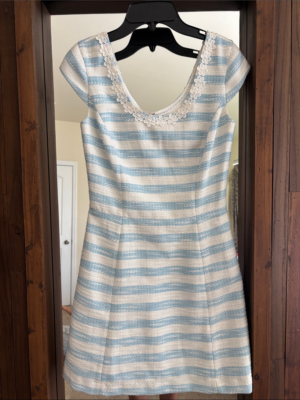 Lilly Pulitzer Blue and White Striped Mini Dress with Floral Neckline